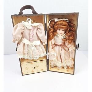 Vintage Cracker Barrel Porcelain 12" Doll in Wood‎ Travel Case